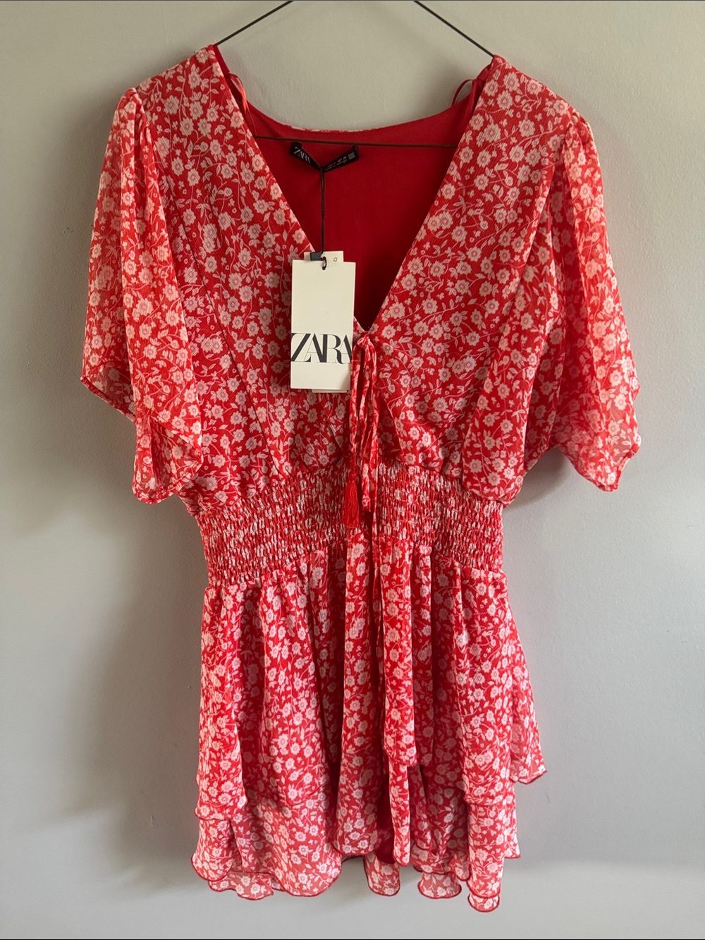 Zara NWT Small Red Floral Smocked Mini Dress Flutter Sleeve Cottagecore